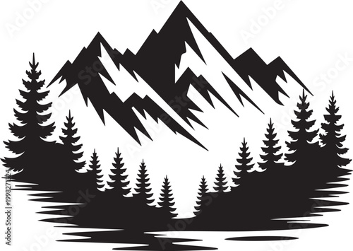 Mountain peaks with pine forest trees and lake water silhouette isolated on white background, outdoor adventure nature landscape, cad drawing flat vector illustration for design.