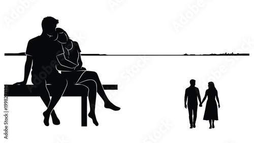 Couple embracing on a bench with onlookers a striking silhouette