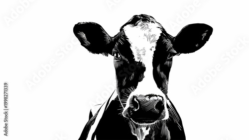 Striking graphic illustration of a Holstein dairy cow, capturing its direct gaze and unique patterned coat