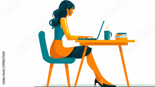 Vibrant vector illustration of a focused professional woman working diligently on her laptop at a minimalist desk