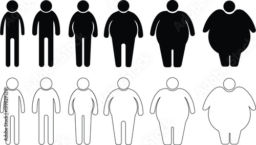 Human body size progression silhouettes from slim to obese flat and line icons set. Weight gain stages, BMI comparison, overweight and obesity concept for health, medical, fitness and infographic use.