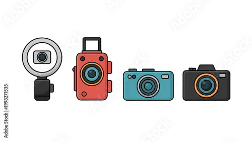 A collection of vintage-style alarm clocks and radio devices with retro design elements isolated on transparent background