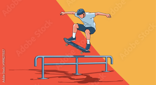 Skateboarder goes for a trick on a rail on a sunny day outdoors