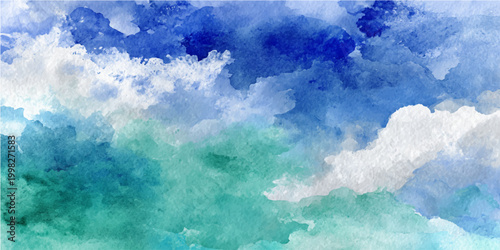 A watercolor image of serene, dreamy, cloudy skies with gradients of turquoise and sapphire, evoking a sense of tranquility.