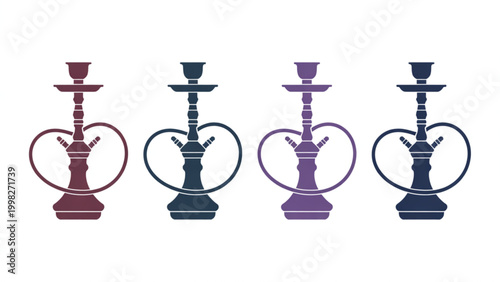 Four green cocktail glasses with leaf-shaped stems and red cherries on sticks as garnish isolated on transparent background