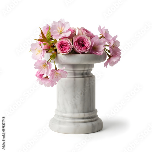 Elegant marble vase filled with vibrant pink flowers and delicate cherry blossoms