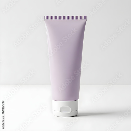 A close-up view of a tube of light purple cream against a white background