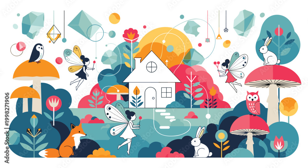 Naklejka premium Enchanted woodland scene featuring tiny fairies small white house colorful mushrooms and friendly forest animals like fox rabbit and owl.
