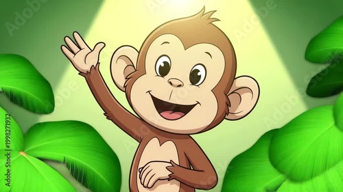 Friendly 3D monkey character smiling and waving hello, cute cartoon style.