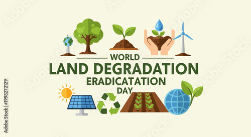 Collection of icons depicting sustainable practices like planting, solar power, and recycling, for World Land Degradation Eradication Day, in a bright studio.