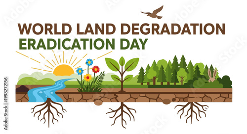 Vibrant landscape depicting a healthy environment with a river, sunset, trees, and strong roots, for World Land Degradation Eradication Day, in a bright studio.