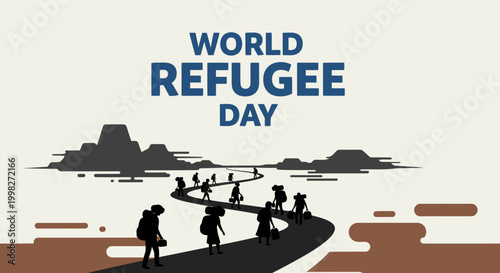 World Refugee Day Showing Silhouette of People Migrating Over Hills on a Brown Background