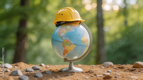Globe with hard hat in forest