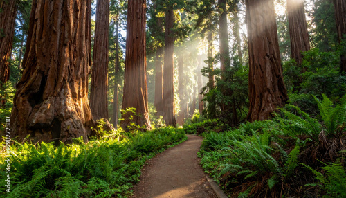Sun dappled path winding through a forest of giant sequoia trees