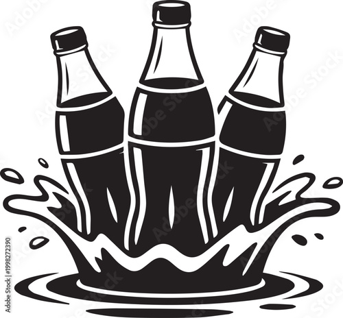 Three soda bottles with liquid splash icon isolated on white background, refreshing beverage drink silhouette, carbonated cola cad drawing flat vector illustration.