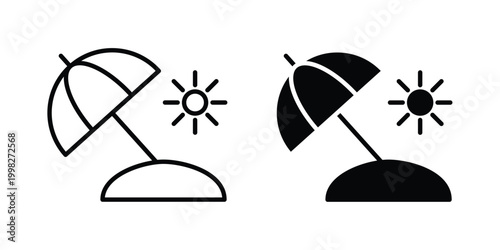 Beach icon strokes and flat black vectors. Illustrations EPS10