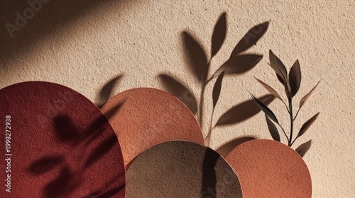 Minimal mockup composition, layered abstract organic shapes in brown burgundy and earthy tones, soft plant shadow play, editorial aesthetic