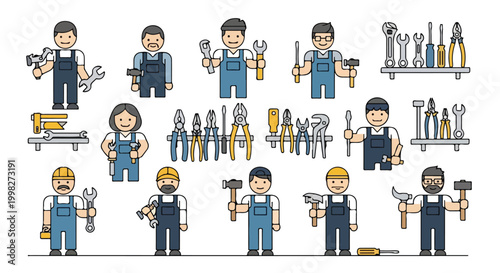 Professional handyman character set with repair tools, construction worker avatars in blue overalls, flat line vector collection of mechanics and technicians