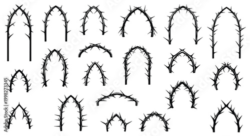 Set of black thorny arch frames and gate borders representing barriers or protection for gothic or fantasy designs.