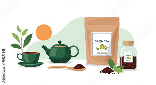 Natural green tea product set featuring a dark green ceramic teapot cup tea bag and loose dried leaves on white.