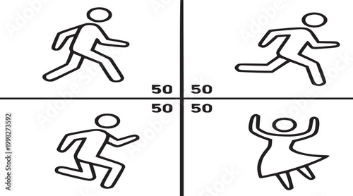 Minimalist vector human movement pictogram set with walking running crouching and jumping icons for UI design