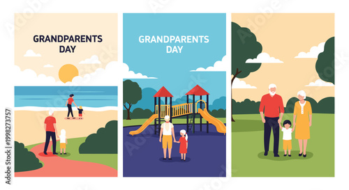 Collection of vertical banners for Grandparents Day depicts elderly couples spending quality time with their grandchildren outdoors.