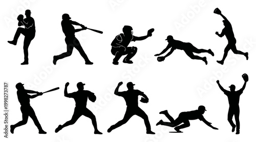 Dynamic Baseball Player Silhouettes Capturing Athletic Game Actions and Skills