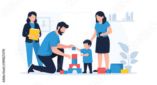 Young child builds a tower with colorful blocks while parents and a teacher provide guidance in an indoor educational setting.