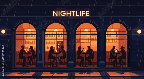 Cozy nightlife scene shows patrons dining inside an arched bar during a rainy evening in the city with glowing interior lights.