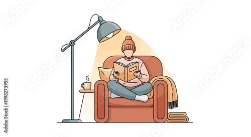 Woman sitting on armchair reading book.