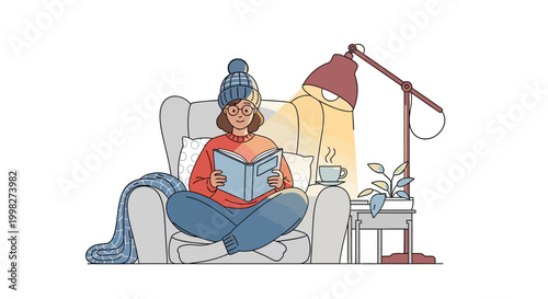 Woman sitting on couch reading book.