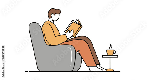Man Sitting in Chair Reading Book.