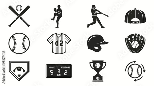 Baseball icons set, sport equipment and symbols on white background