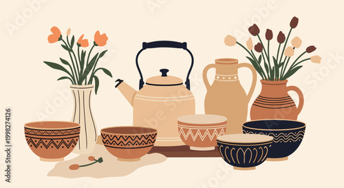 Still life illustration features a collection of handcrafted pottery, vases with flowers, and bowls in warm earthy tones.