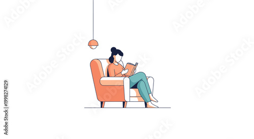 Woman sitting in armchair reading book.
