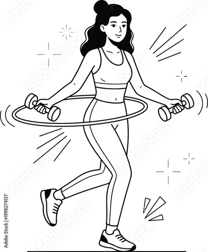 Active Young Woman Using Hula Hoop and Dumbbells Illustration