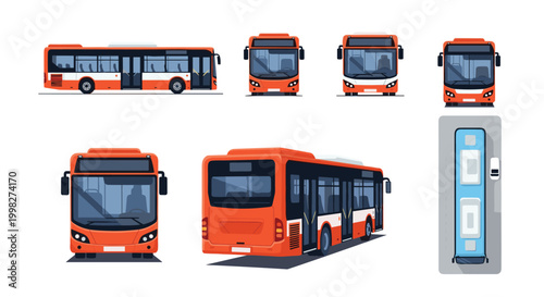Modern red city bus is shown from multiple perspectives including front, side, back, and top down views for urban planning.