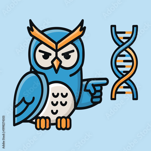 Educational illustration of a thoughtful owl pointing to a vibrant DNA double helix, representing insights into genomics, heredity, and biological sciences with wisdom