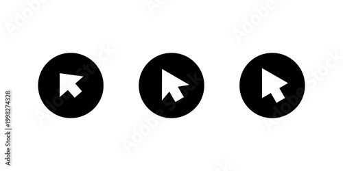 Mouse cursor icon set in black circle. Pointer arrow symbol
