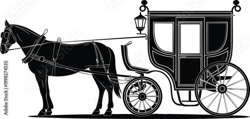 Vintage Horse-Drawn Carriage and Royal Coach Silhouette, vector, illustration, silhouette.