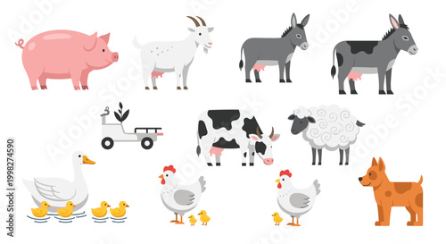 Charming set of domestic farm animals includes a cow, pig, sheep, donkey, chickens, and a tractor in a rural theme.