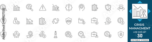 Crisis management line icon set featuring emergency response, risk control, business continuity, disaster recovery, strategy, and stability. Professional editable vector illustration.