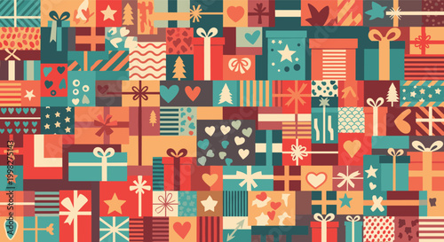 Colorful seamless pattern of various gift boxes decorated with ribbons, bows, hearts, and stars in a festive and cheerful mosaic layout.