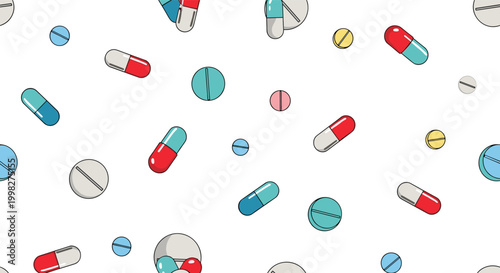 Medical seamless pattern featuring various types of capsules and pills in different colors scattered over a clean white background.