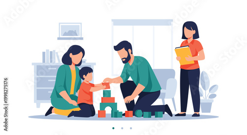 Happy family with parents and a child playing with colorful toy building blocks in a bright and cozy living room environment.