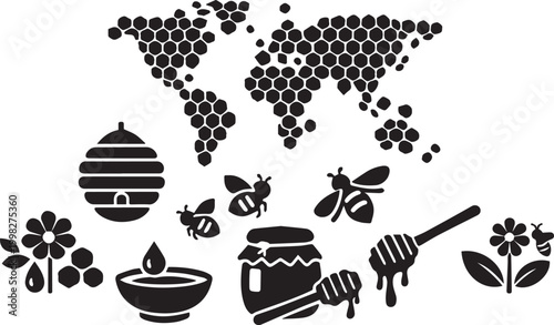 Minimalist Honey and Beekeeping Icon Set with Honeycomb World Map in Clean Black Flat Vector Style