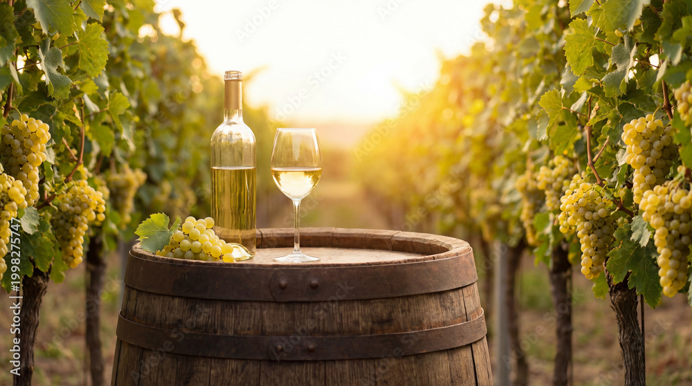 Naklejka premium Glass of white wine and a bottle of wine stand on an old oak barrel against the backdrop of vineyards in the evening sunset.