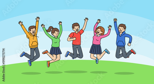 Diverse group of happy young people jumping outdoors in a vibrant flat design illustration for youth friendship concept and teamwork celebration
