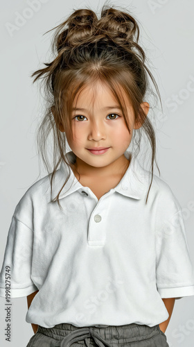 Pretty Girl With Messy Bun Wearing White Polo Shirt Standing Against Light Grey Background