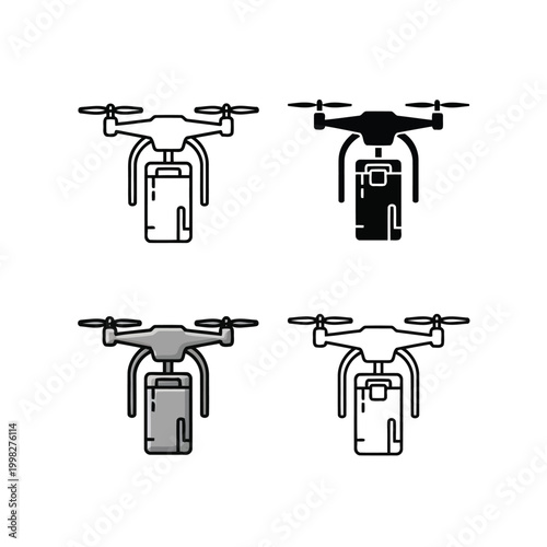 Four drones equipped with various payload containers shown in silhouette style